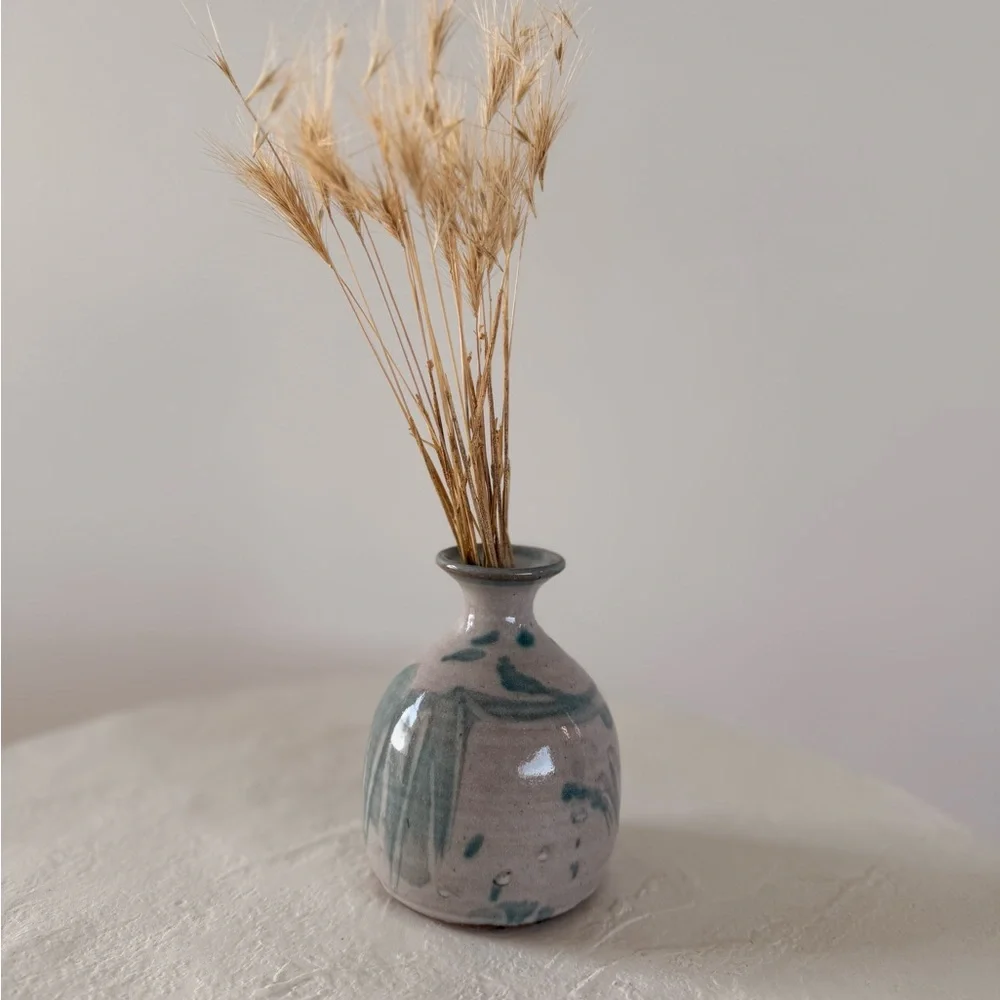 MINI STUDIO POTTERY SIGNED BUD VASE BLUE/GREY GLAZED COTTAGE-CORE MCM BOHO EUC - Picture 2 of 6
